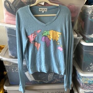 Wildfox Blue Pastel Map V Neck Sweatshirt Sweater